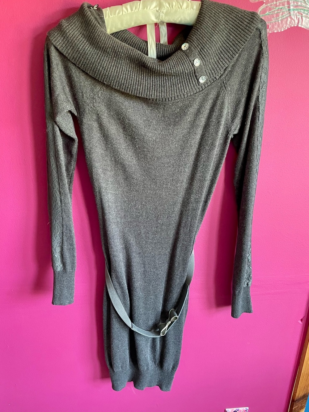 *New*Gray Knit Belted Sweater Dress